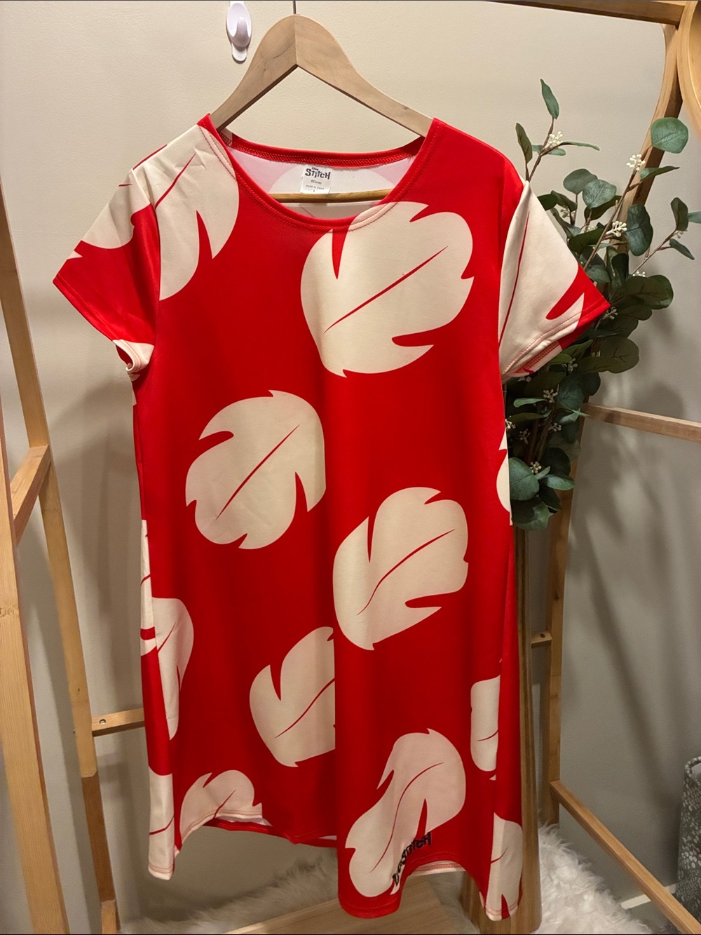 Disney Lilo and Stitch Red Dress with Cream Leaf Print a197